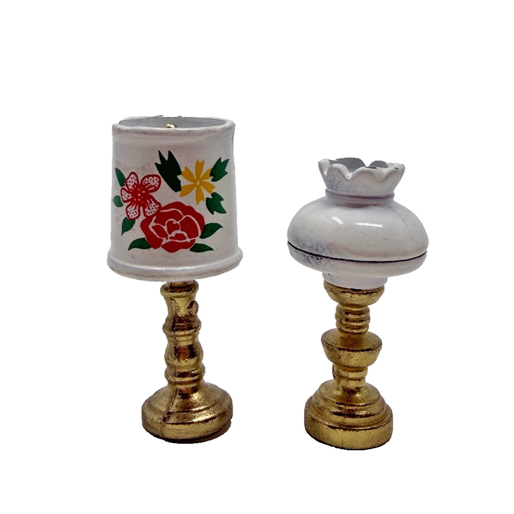 Lot 2 1:12 Dollhouse Miniature Metal Lamps Floral & Hurricane